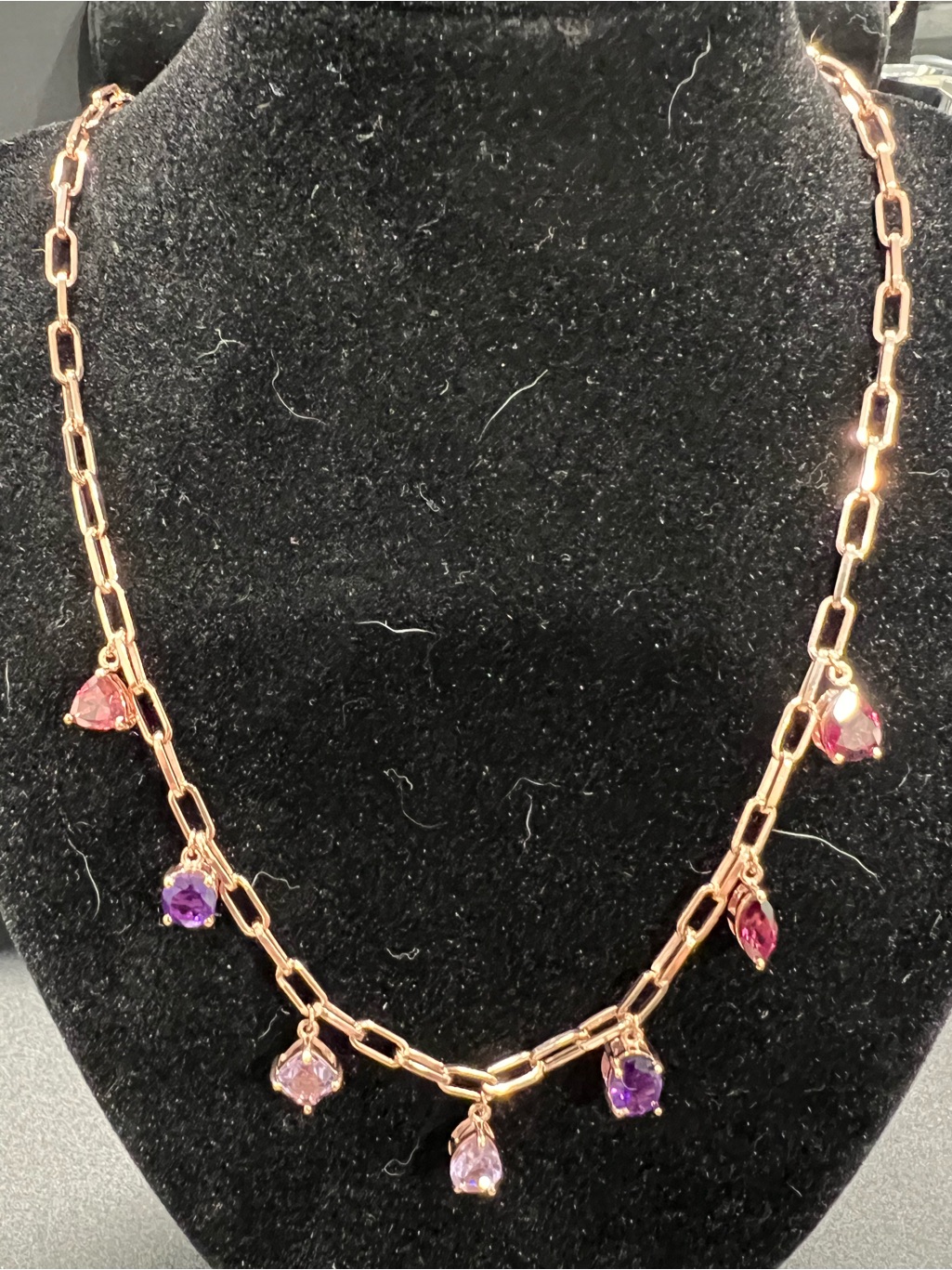 925 Sterling Silver Rose Gold Natural Rhodolite Teardrop Necklace Paperclip
